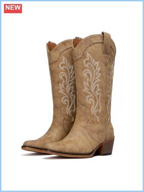 Women's Cowboy Boots Pointed Toe Mid Calf Western Boots Block Heel